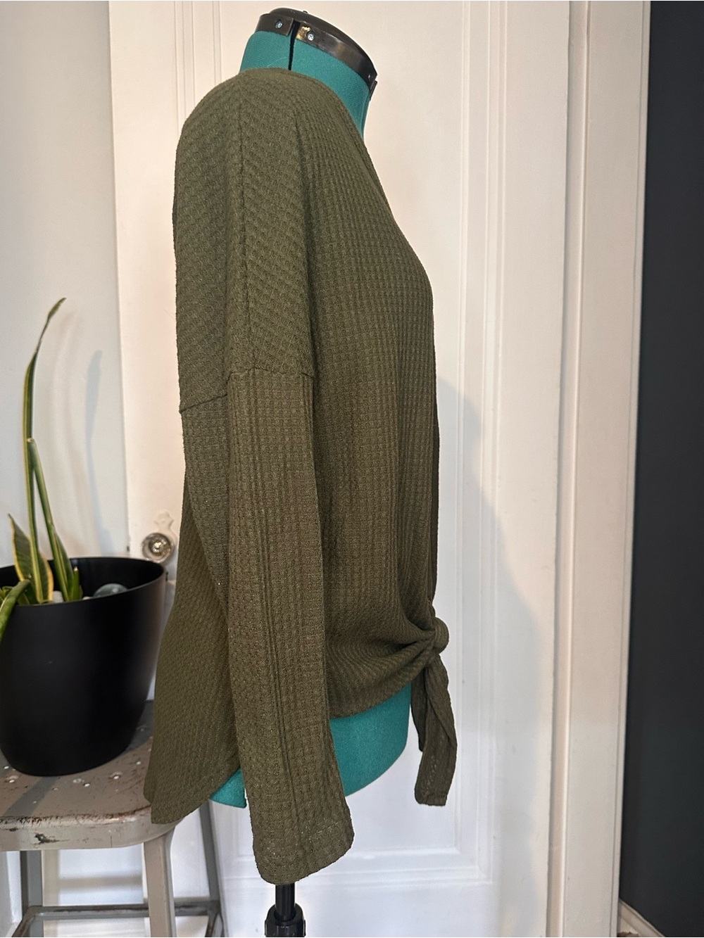 Iwollence Knit Top with Tie Hem in Olive - Picture 3 of 7